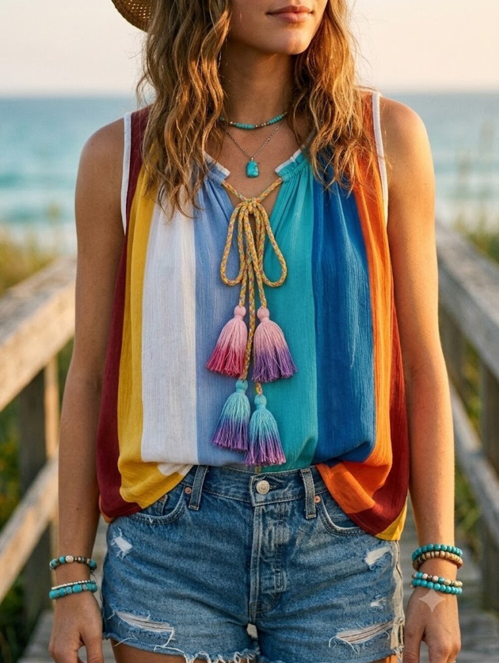 Rocks & Indigo Boho Rainbow Stripe Tassel Tank Top M Sunsetcore Festival 70s